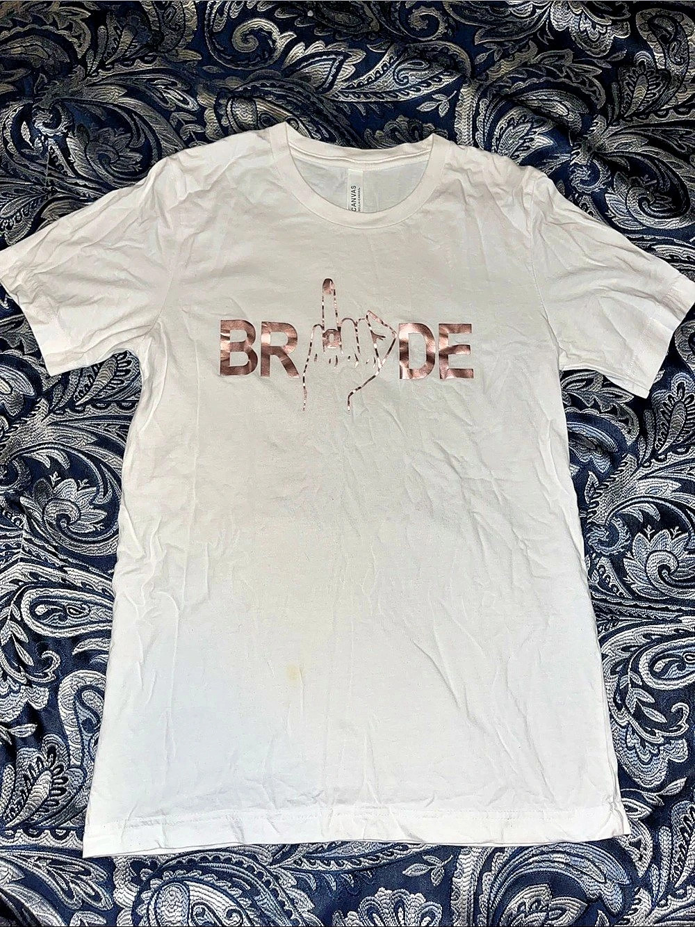 Women’s Canvas Graphic Bride Short Sleeve Tee in White & rose gold; Size Small